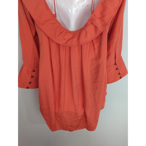 Free People Walk This Way Blouse Coral Off Shoulder Layered  Small Peasant Boho - Picture 11 of 13